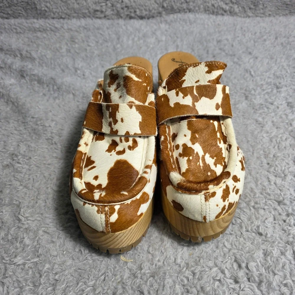 Free People Corbin Hair On Clog Cow Print Wooden Platform Mules‎ EU 38 US 7 NEW - Picture 2 of 9